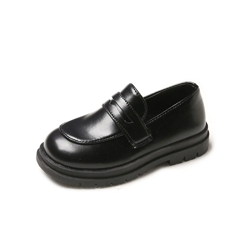 Leather Kids School Shoes Black Slip On Loafers
