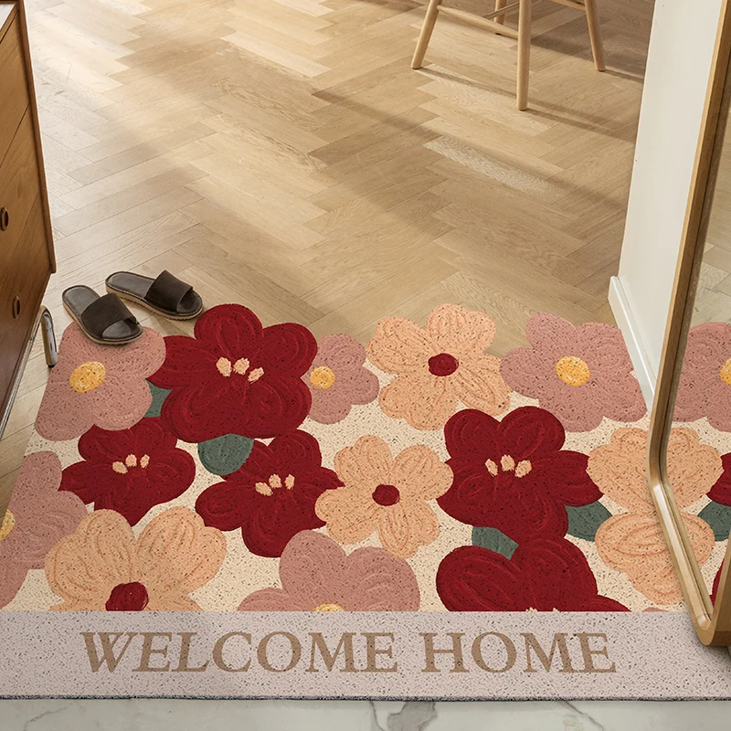 Polymères d'entrée de portes de fleurs noires, antidérapant, lavable, lea, grattoir à chaussures, tapis de sol, intérieur, extérieur, tapis, pièges, D343