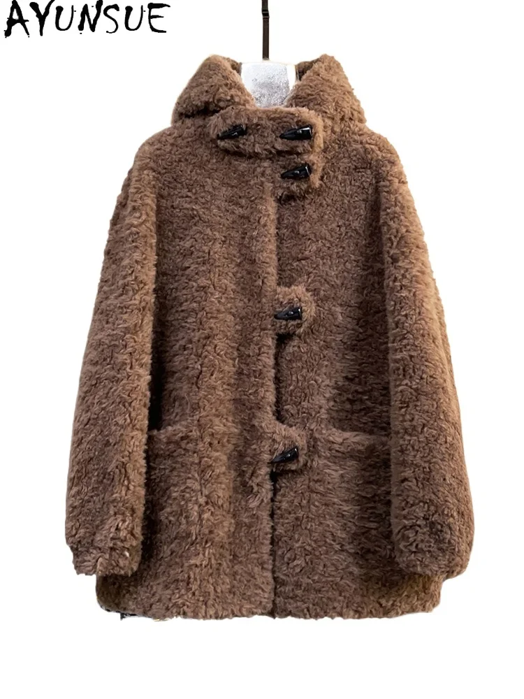 AYUNSUE 96% Wool 2024 Women's Winter New Teddy Horn Buckle Hat with Lamb Wool One piece Medium length Fur Coat LJ1182