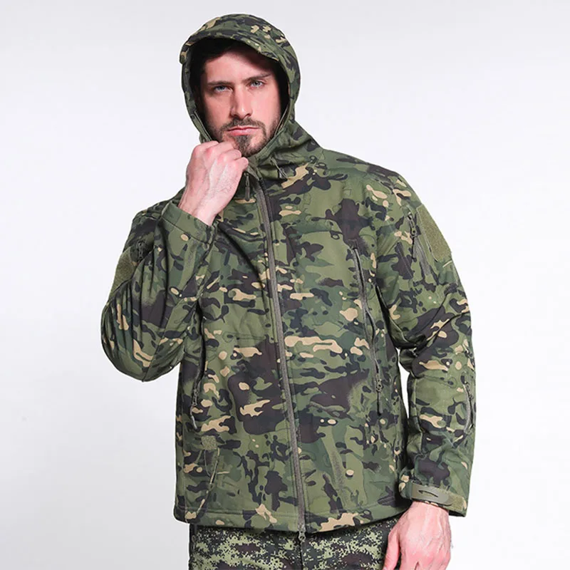 Full Zip Up Tactical Jackets for Men Military Camo Fleece Thermal Warm  Coats Pockets Jacket with Hood Hiking Outwear Windbreaker