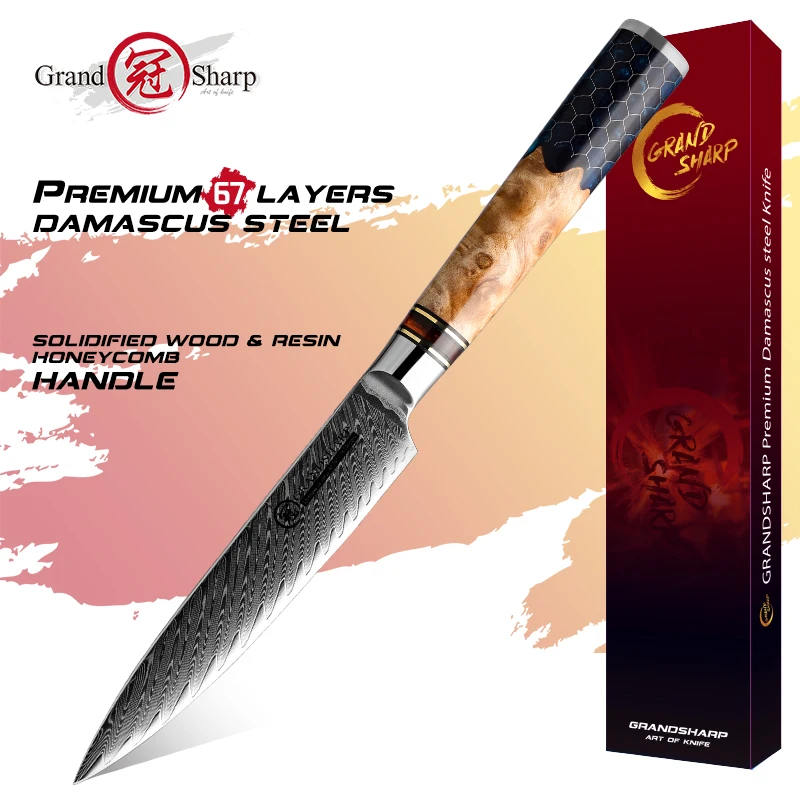 

Grandsharp 5.3 inch 67 Layers Damascus Utility Knife Japanese Kitchen Knives Ultra Sharp Fruit Paring Meat Cutter with Gift Box