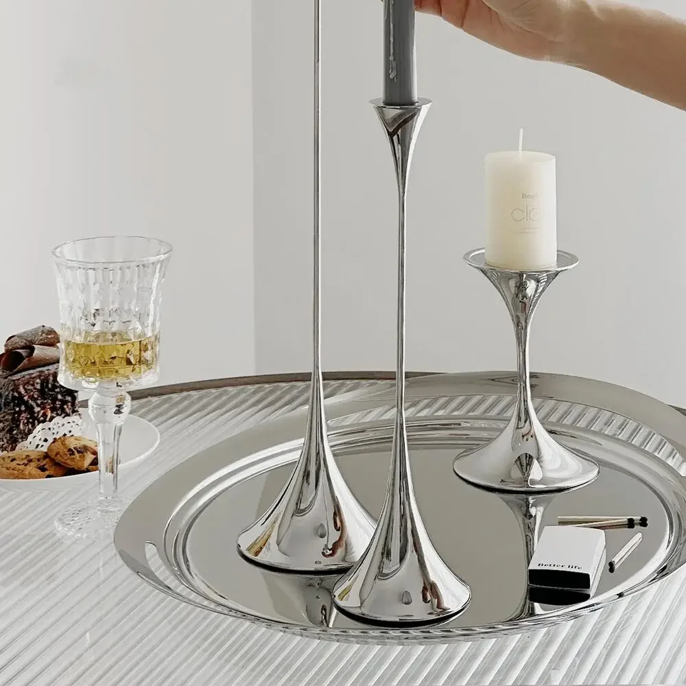 Metal Candle Holder Nordic Modern Luxury Silver Candlestick Wedding Party Candlelight Dinner Living Room Decore Home Ornament 2