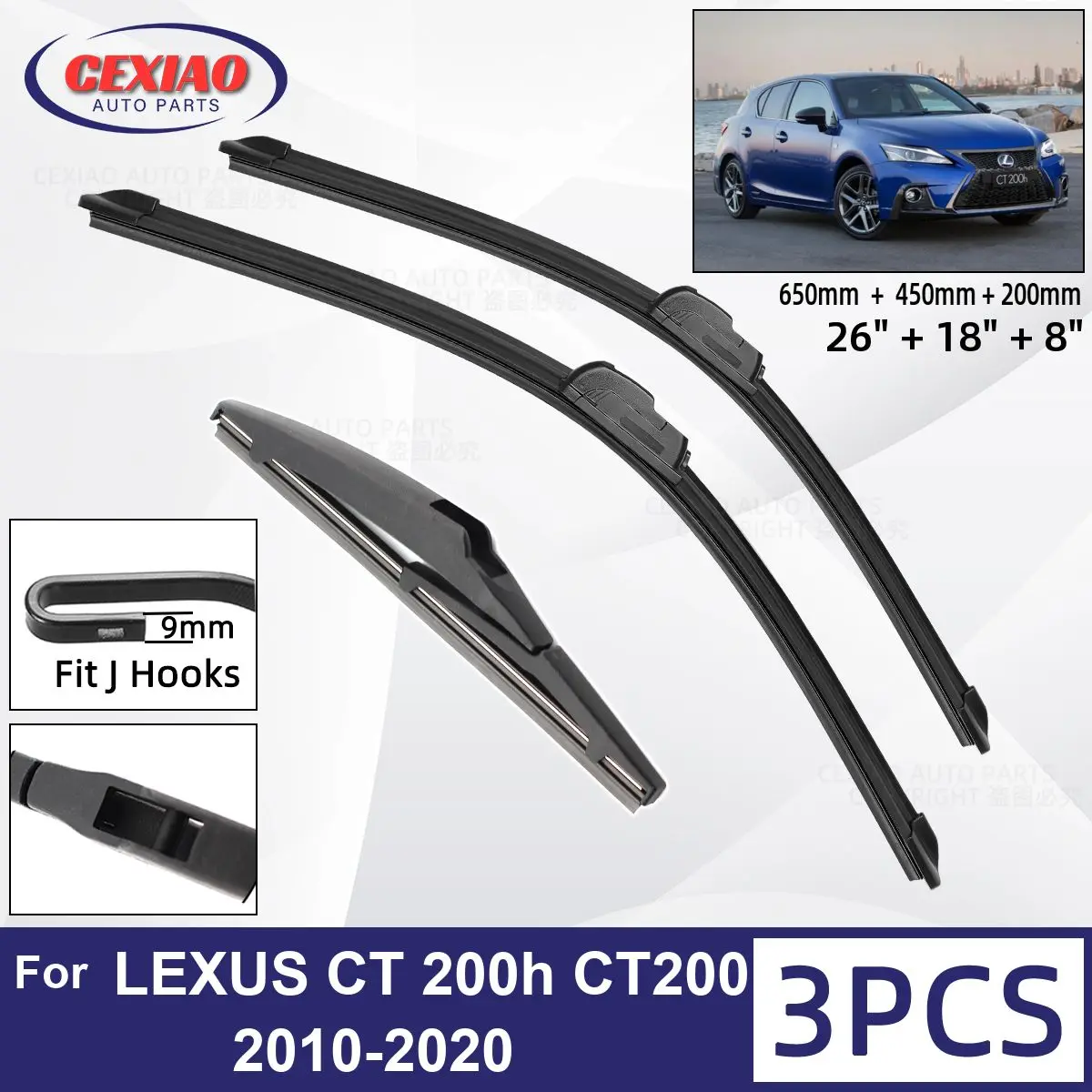 

For LEXUS CT 200h CT200h 2010 - 2020 Car Front Rear Wiper Blades Soft Rubber Windscreen Wipers Auto Windshield 26"+18"+8"