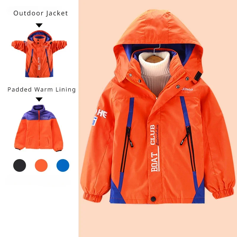 Children Outdoor Jacket Suit Boys Casual Waterproof Hooded Jacket Removable Padded Warm Lining 2pcs Hiking Camping Outwear Parka