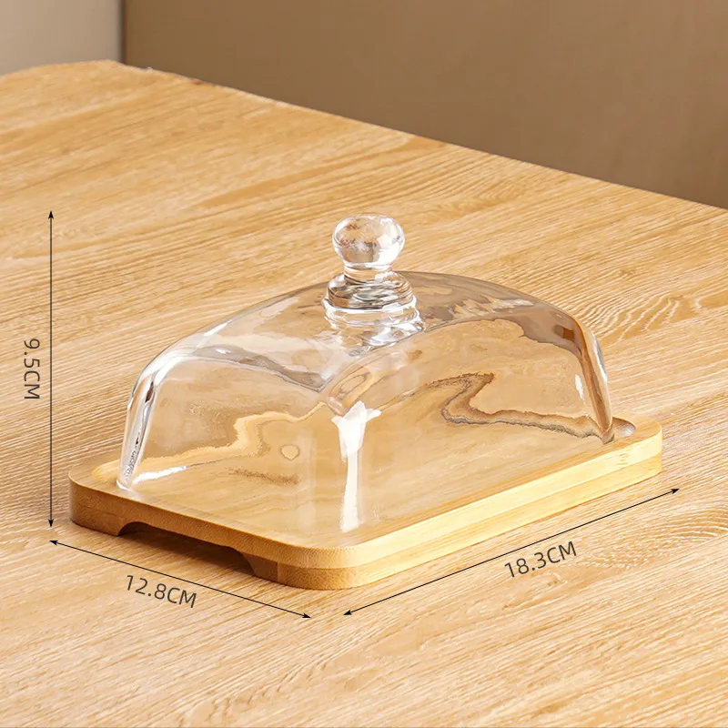 Wood Butter Dish Glass Lid Stick Butter Storage Organizer Cream Cheese Serving Plate Dishes Small Fruits Dessert Cake