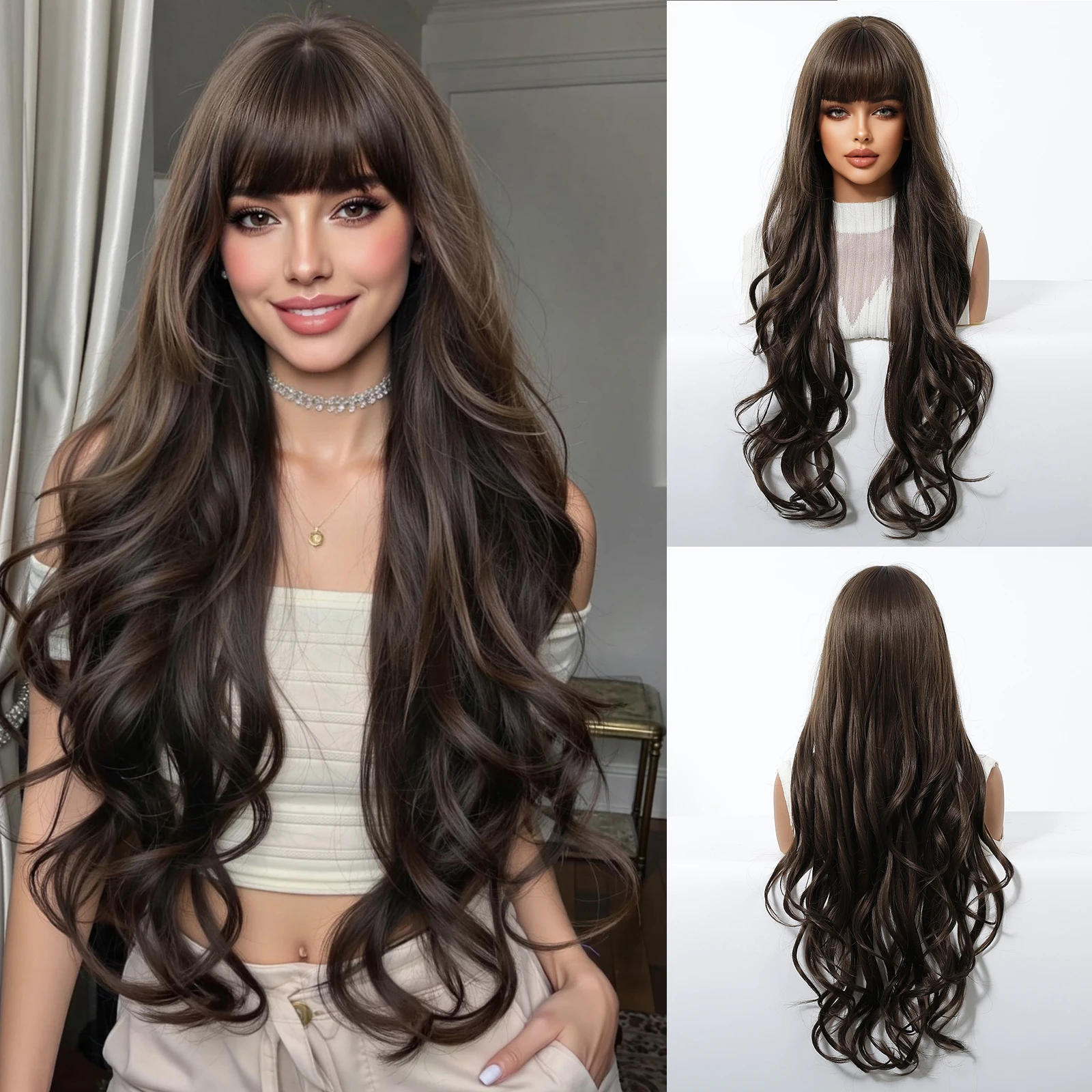 Lange rote schwarze Ombre-Wellen-Synthetik-Perücken mit Pony für Frauen, tägliches Cosplay, Halloween, Kostüm, Haar, Weihnachtsperücke, hitzebeständig – Detail 11