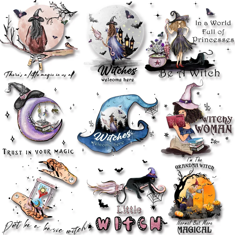 Simple Halloween Witch Hat Moon Black Cat Letter Spider Web Iron On Transfer on Jackets Bags Socks Pillow Clothes Fusible Patch