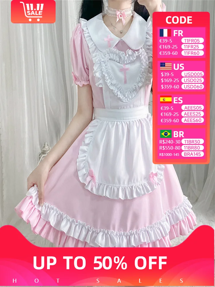 Gothic Lolita Cosplay Maid Costume Anime Cream Sweet Heart Lolita Dress Maids Wear Uniform Short-sleeved Nurse Costumes