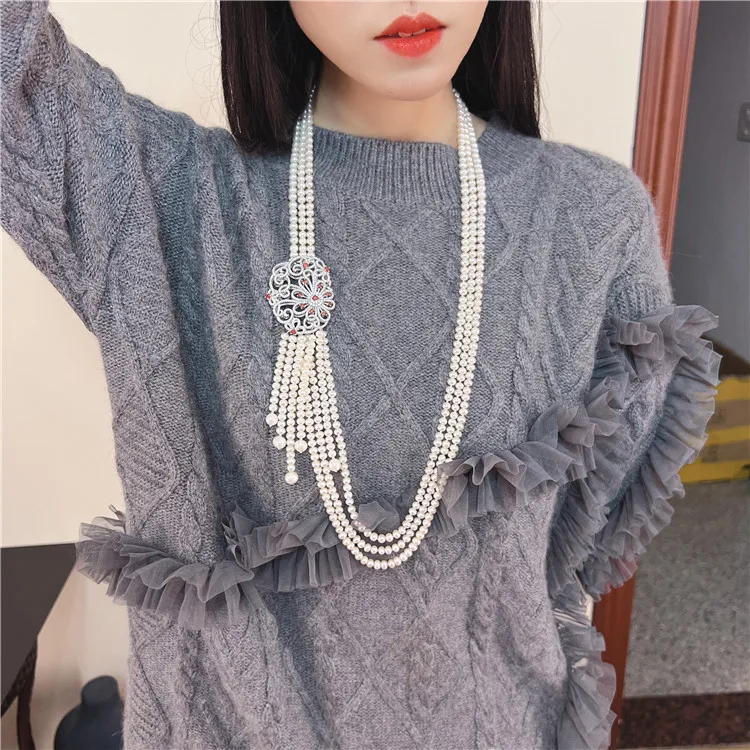 

Длинное ожерелье для свитера с искусственным белым жемчугом, 3 ряда, 6-7 мм, 28-32 дюйма