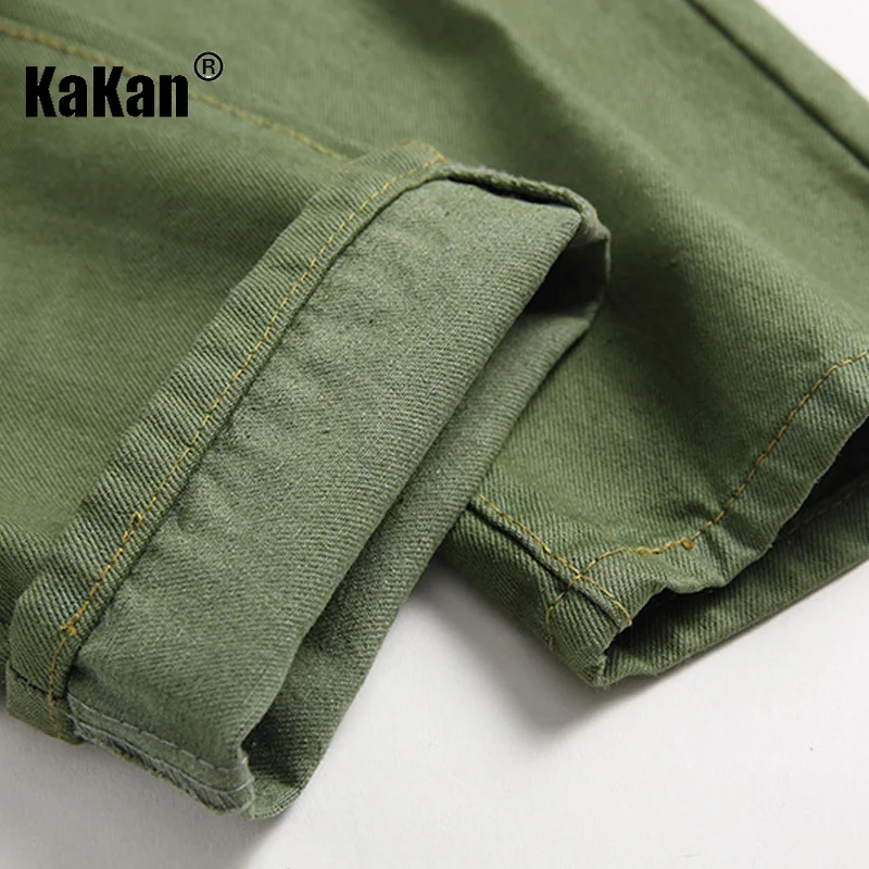Kakan - European and American New Stretch Perforated Jeans for Men, High Street Washed Old Army Green Long Jeans K36-336