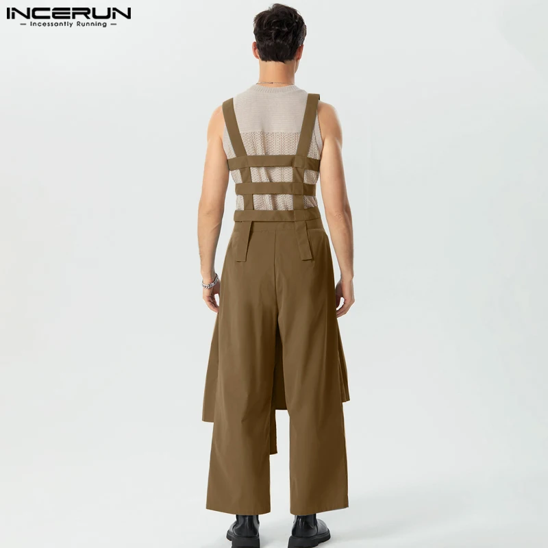 Denim Overalls Men Rompers Men Jumpsuits Solid Sleeveless Pleated Personality Skirts Trousers Streetwear Male Irregular Rompers Overalls S-5XL INCERUN