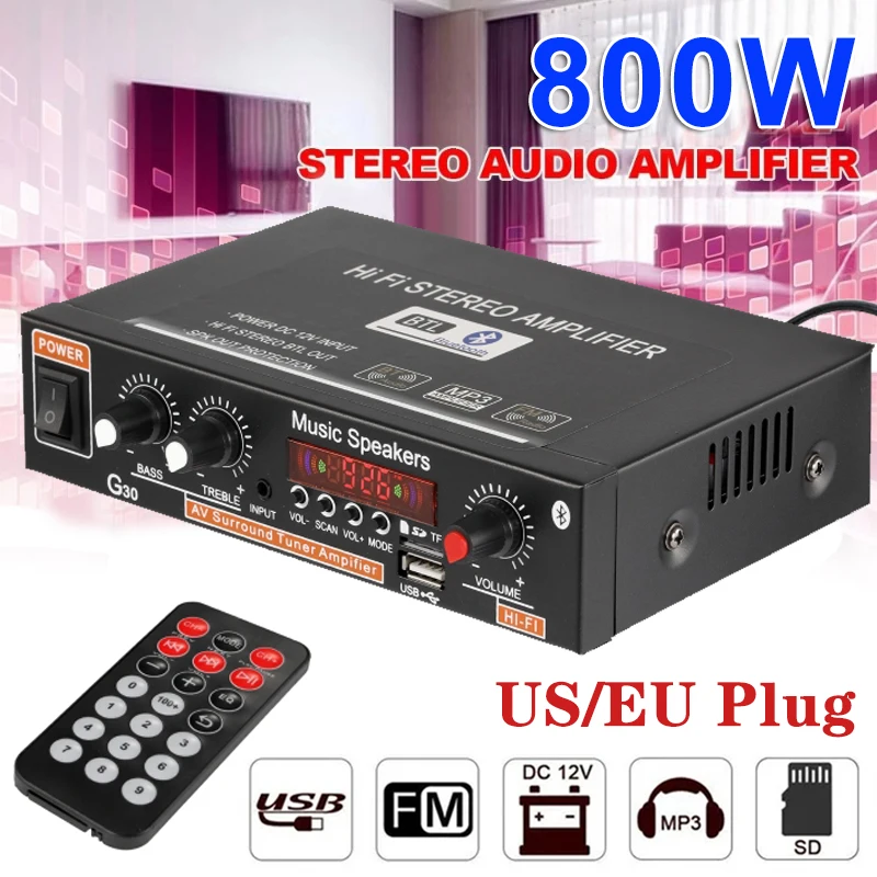 

110V-220V/DC12V 800W Hifi Digital Car Audio Amplifier Bluetooth Double Channels Power Amplifier with Remote Control