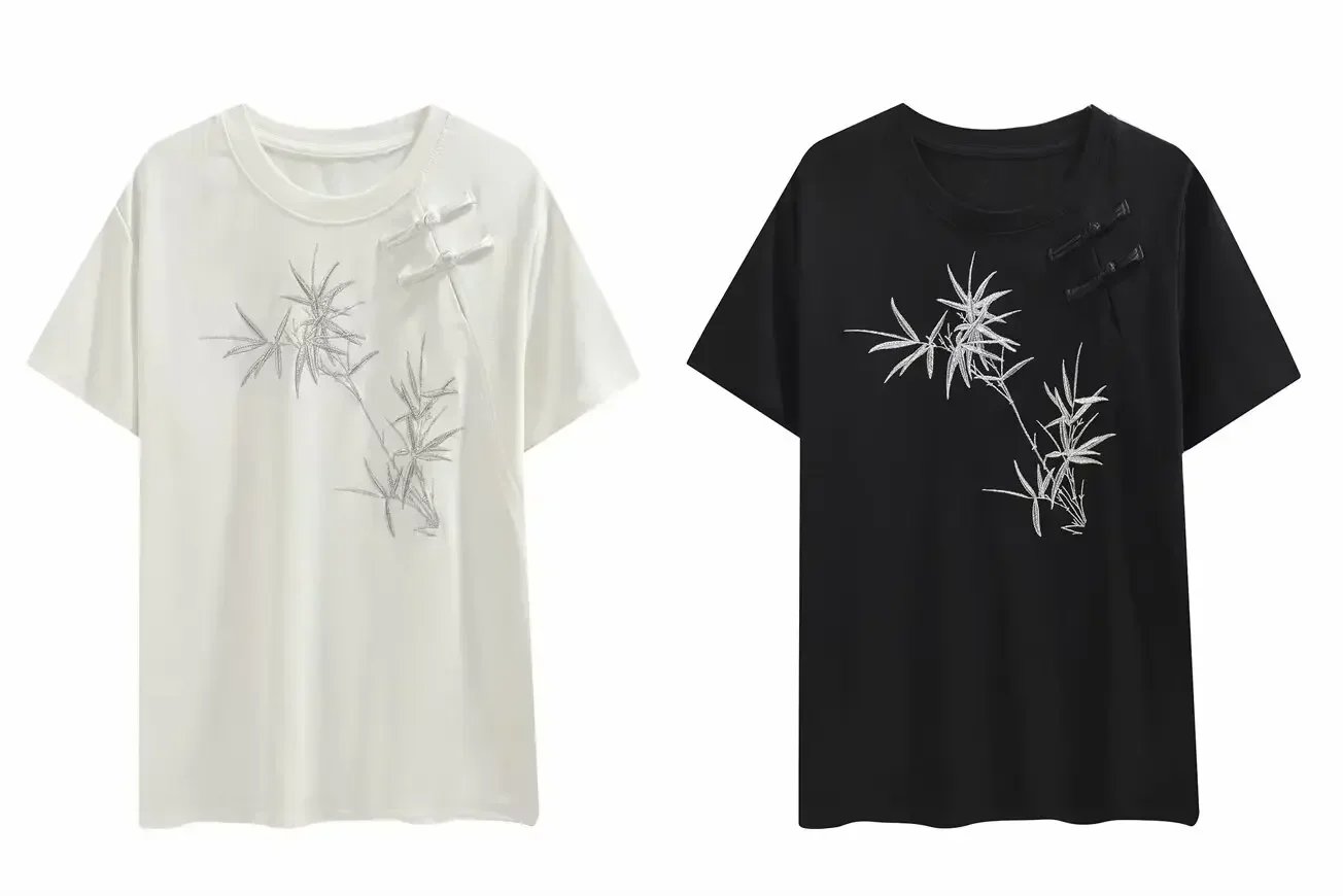 

Новая модная свободная футболка с вышивкой и пуговицами, летняя повседневная футболка с круглым вырезом, топ, женская футболка с коротким рукавом, топы