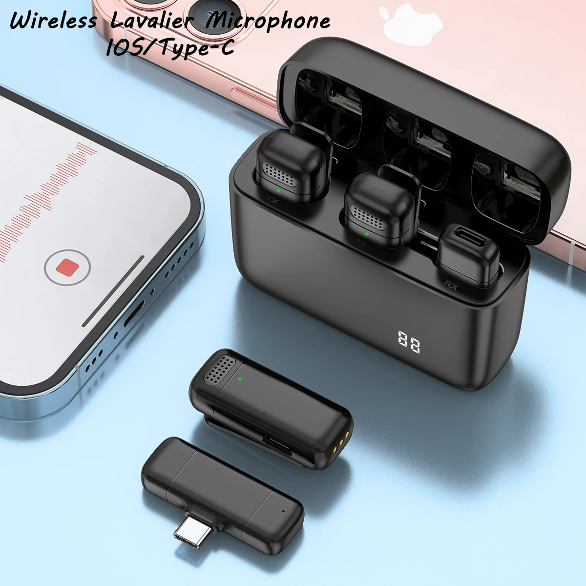 무선 2.4G 라발리에 마이크, 듀얼 노이즈 캔슬링, 사운드 리턴, 플러그 앤 플레이, 안드로이드 및 애플 iOS, 70 시간 내구성