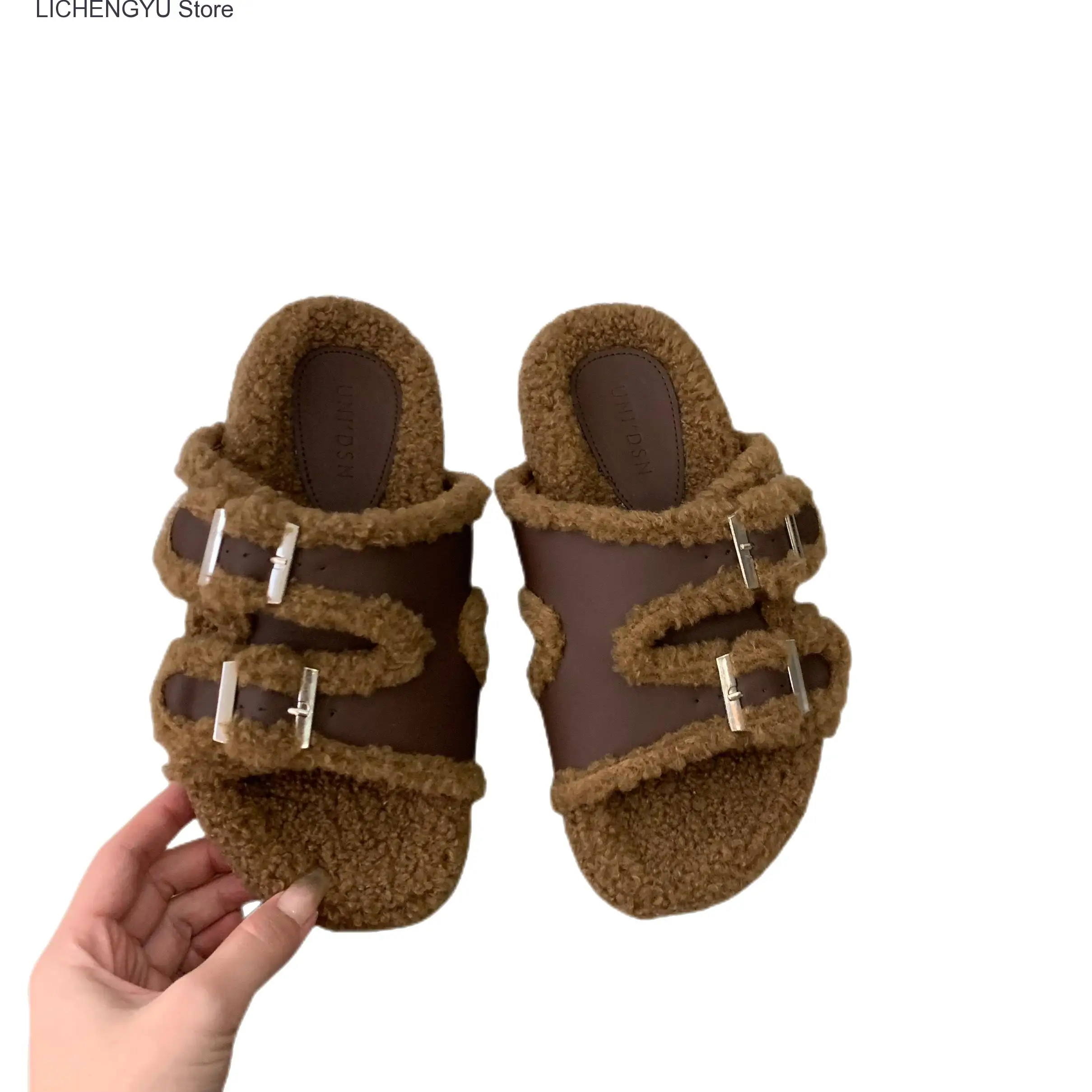 New Winter Women Plush Slipper Casual Fashion Metal Buckle Artificial Fur Outside Slip on Soft Slides Shoe