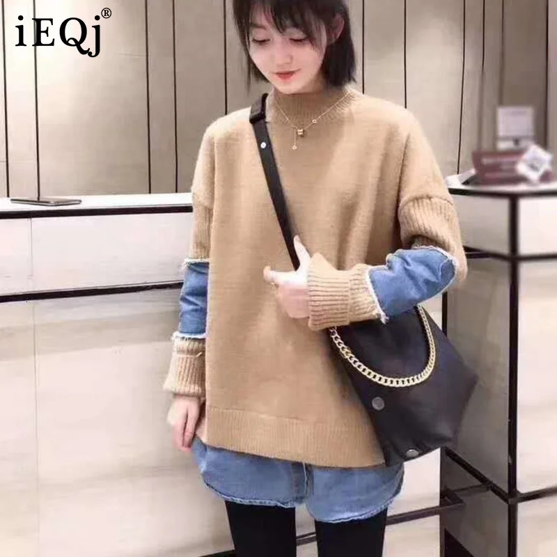 IEQJ 2022 Spring Autumn Half Turtleneck Collar Long Sleeve Denim Patchwork Knitting Pullovers Streetwear Sweater Women 19C-a122 | Женская