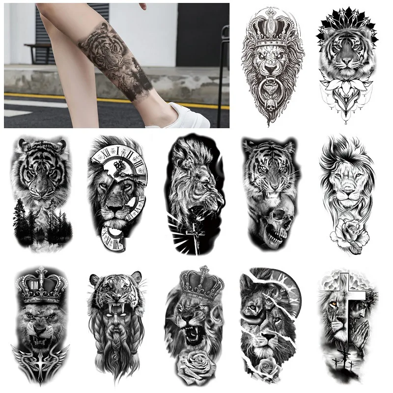12pcs/set Black Forest Tattoo Sticker For Men Women Tiger Wolf Death Skull Temporary Fake Henna Skeleton King Animal Tatoo