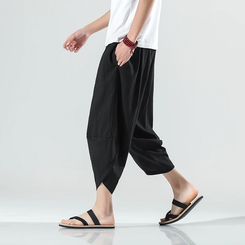 2023 Summer Harajuku Calf Length Casual Men's Pants Wide Leg Cotton Linen Harem Baggy Pants Fashion Men's Clothing 4
