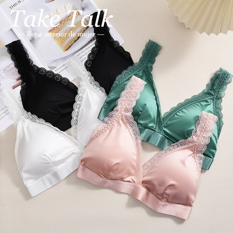 1PCS Satin Seamless Bras Women's Sexy Lace Bras Padded Push Up Bralette Female Wireless Comfortable Underwear V Neck Lingerie