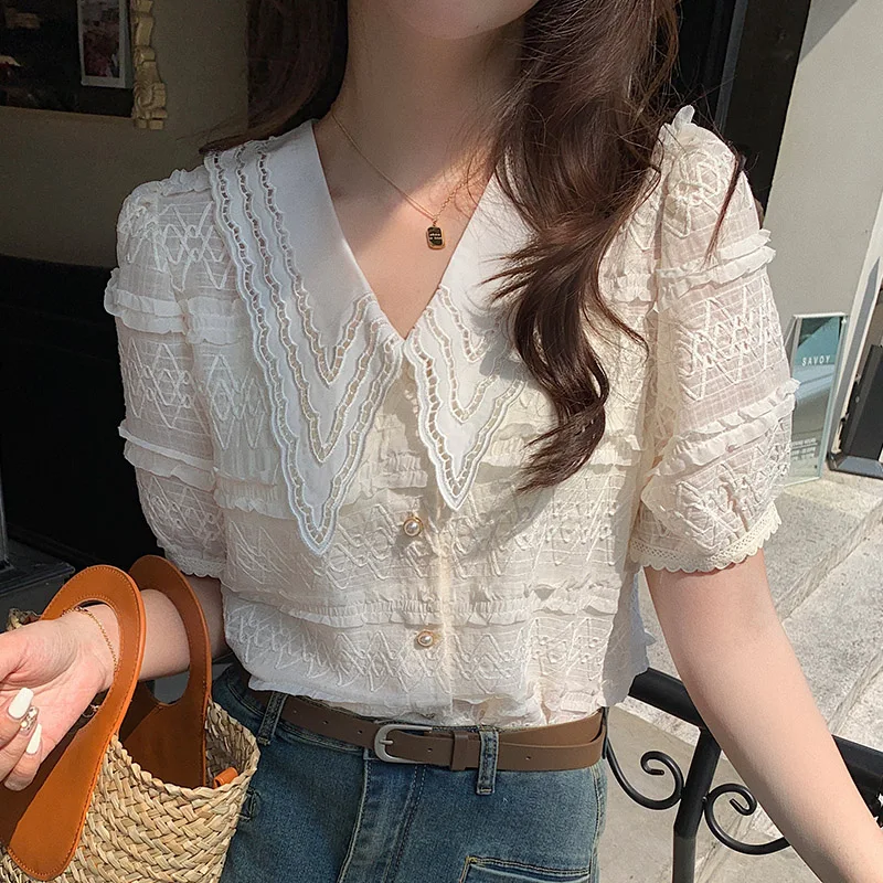 

Корейская Милая кружевная блузка с кукольным воротником, женская модная летняя рубашка с рукавами-пузырями, женские элегантные блузки, женские повседневные топы