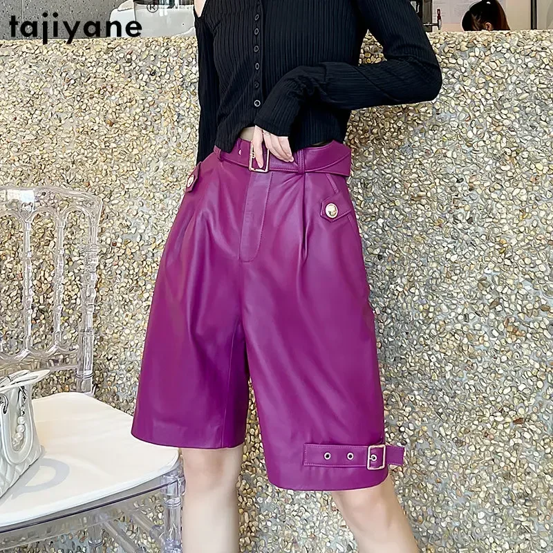 

Женские кожаные брюки до колен Tajiyane, брюки из натуральной овечьей кожи с широкими штанинами в Корейском стиле, женская одежда