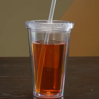 Tasse à boire transparente en plastique Double couche réutilisable de 450ml, bouteille d'eau avec couvercle, tasse en paille, boisson extérieure, thé, lait, outils 1