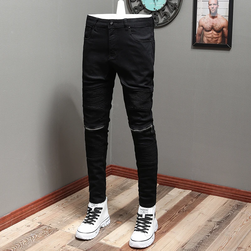 Street Fashion Men Jeans Stretch Elastic Slim Fit Spliced Designer Biker Jeans Men Black Trousers Zipper Hip Hop Pants Hombre