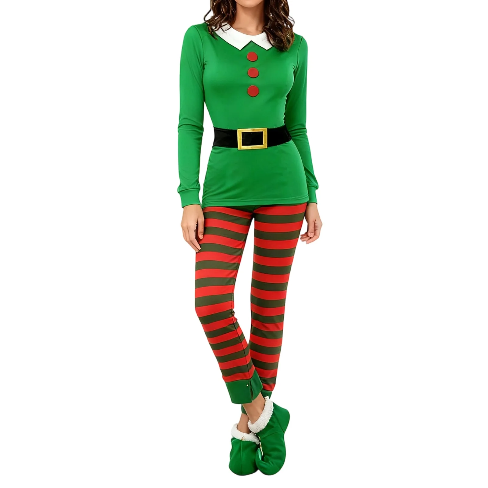 Lamuusaa Women Christmas Outfit Set Green Elf Round Neck Long Sleeve T Shirts Tops and Striped Pants Party Cosplay Costume