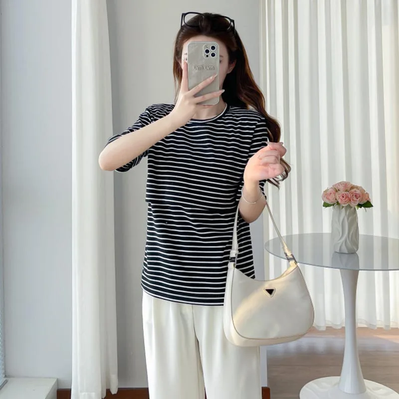 여름 출산 스트라이프 모유 수유 티셔츠 O 넥 코튼 티셔츠 산후 핫맘 수유복 티셔츠 수유 탑 티셔츠