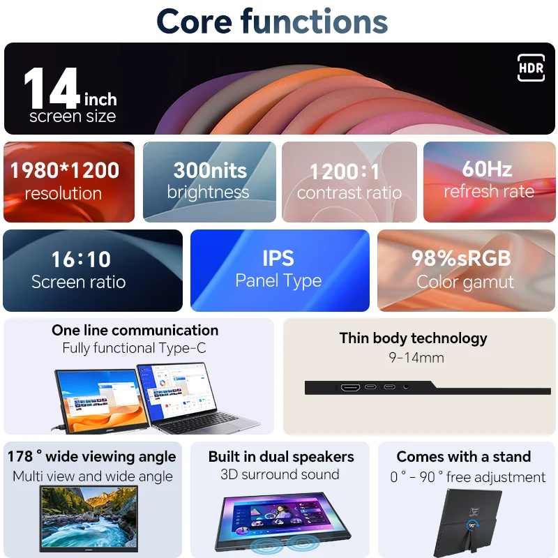 JOHNWILL-14노트북/PC/전화/Xbox/스위치/PS4/라즈베리 파이용 USB-C HDMI가 포함된 휴대용 모니터 터치스크린 IPS HDR 1920 x 1200P