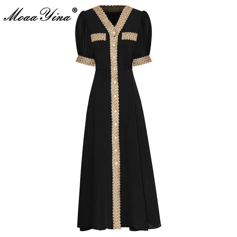 

MoaaYina Fashion Designer dress Summer Women's Dress V-Neck Lantern Sleeve Single Breasted Embroidery Chiffon Dresses