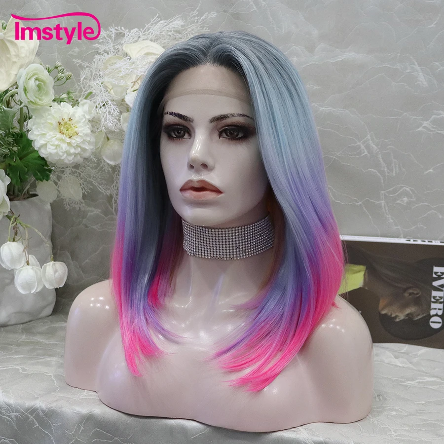 Imstyle Synthetic Lace Front Wig Straight Wig T Part Lace Ombre Blue Pueple Pink Heat Resistant Fiber Cosplay