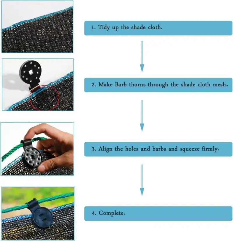 Description Picture 4 of item10-100pcs Sun Shade Net Clip Sunshade Net Fixing Clip Greenhouse Shade Cloth Fabric Fix Clamp Plastic Grommet Fence Netting Hook