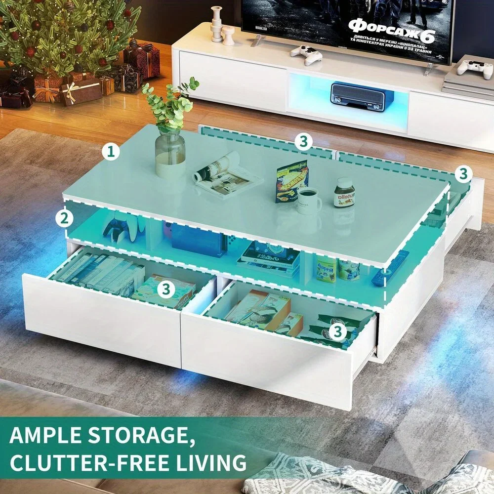 High Gloss Coffee Table Center Cocktail Table with LED Lights & Sliding Drawers