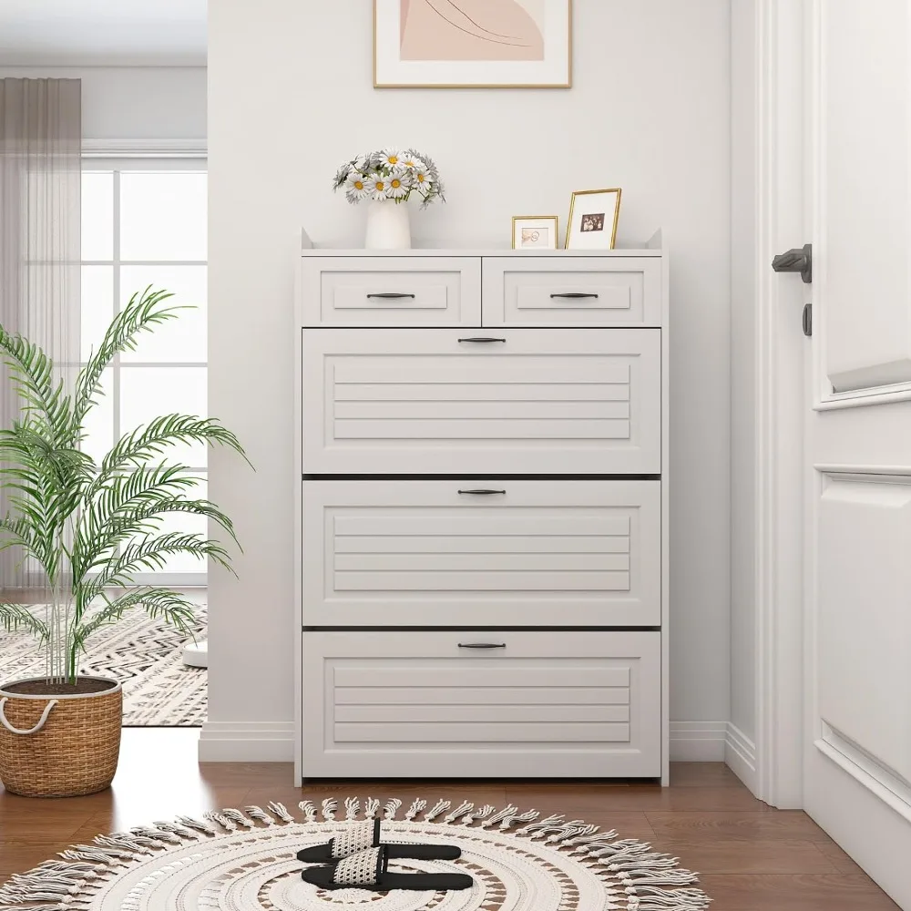 

Entrance Shoe Cabinet, Concealed Shoe Cabinet, Slim Shoe Cabinet with 3 Doors and 2 Drawers, Freestanding Storage Shelf, White