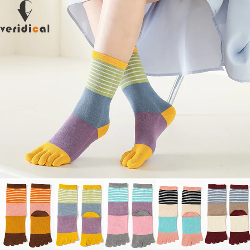 

5 Pairs Women 5 Finger Socks Girl Combed Cotton Striped Soft Elastic Endurable Young Casua Fashion Toe Long Socks Good Quality