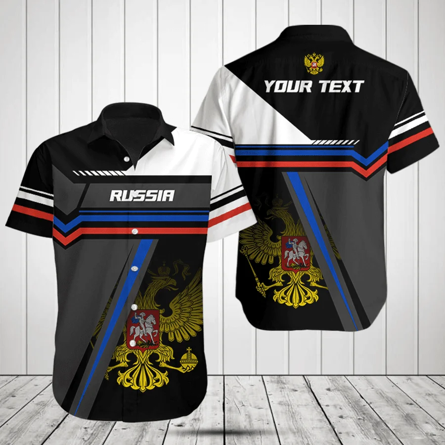 

2023 Men's Shirt Russia Flag Short Sleeve Shirt Custom Name Russian Shield Furong Pattern Hawaiian Casual Shirt Men's Clothing
