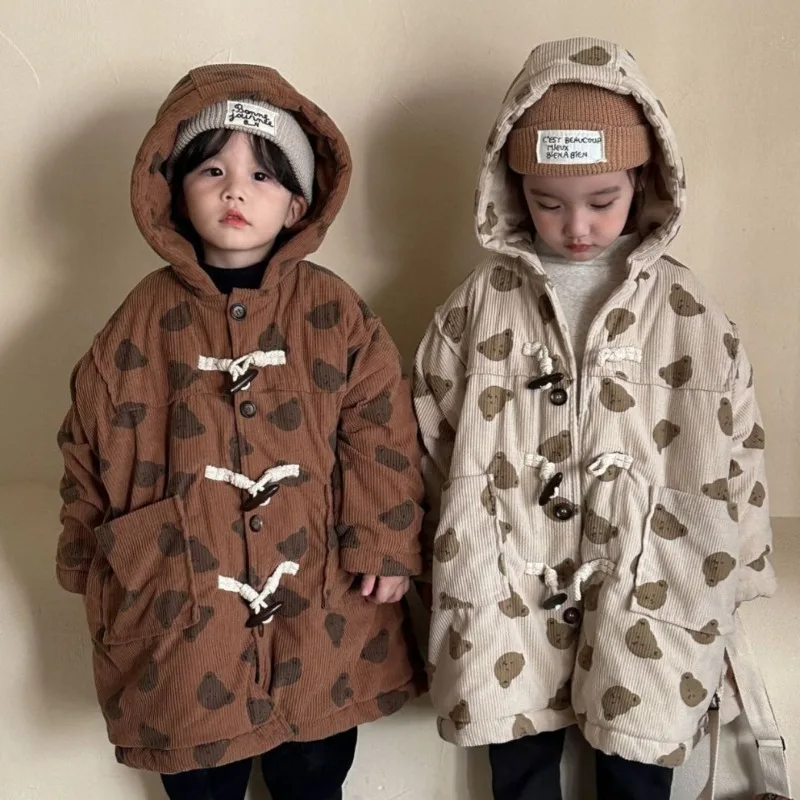 

2023 Winter Kids cartoon bears corduroy warm Coats Boys Fur Lining thicken Mid-length hooded jackets Girls claw button outerwear