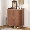 5 Tier Boho Wooden Shoe Cabinet - Adjustable Shelves & Curved Iron Rattan Door Shoe Storage Organizer 1