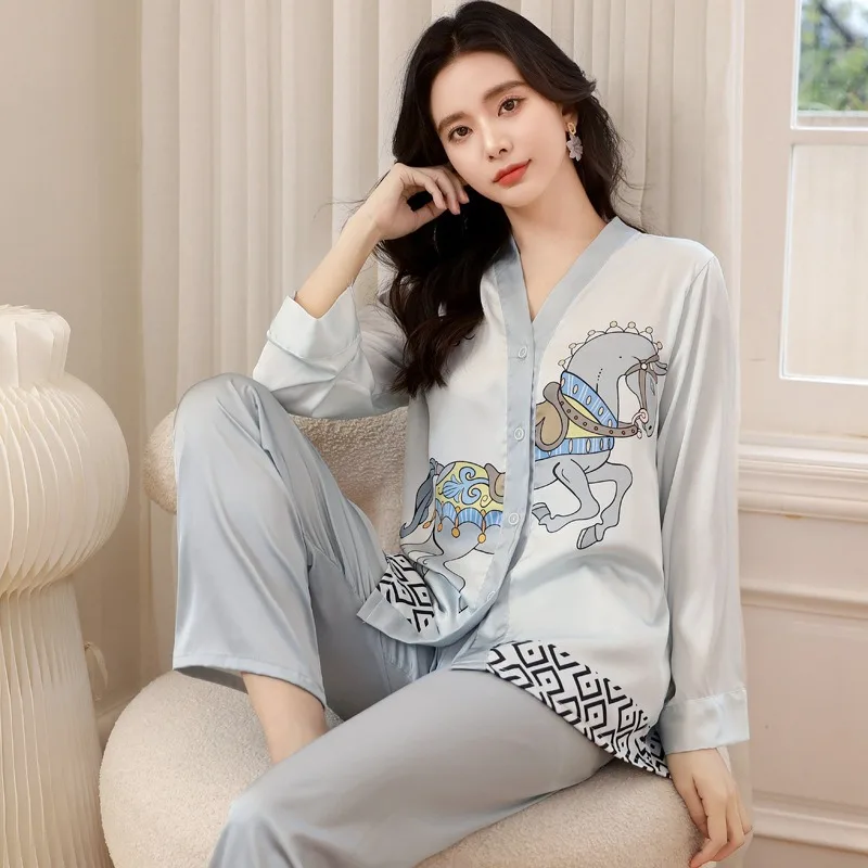 2023 New Luxury Print Sleepwear donna pigiama Set scollo a V Kimono Casual Homewear raso di seta come indumenti da notte Femme Petite service