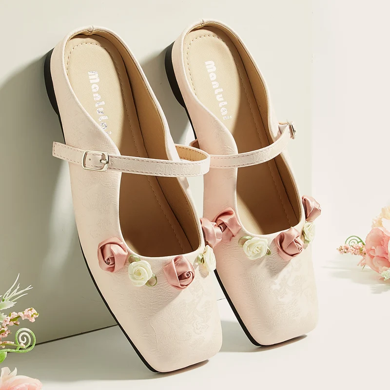 

Pink Flat Shoes Women Silk Fabric Slingback Shoes Chinese Style Square Toe Shoes White Flower Ladies Flats Sapato Feminino