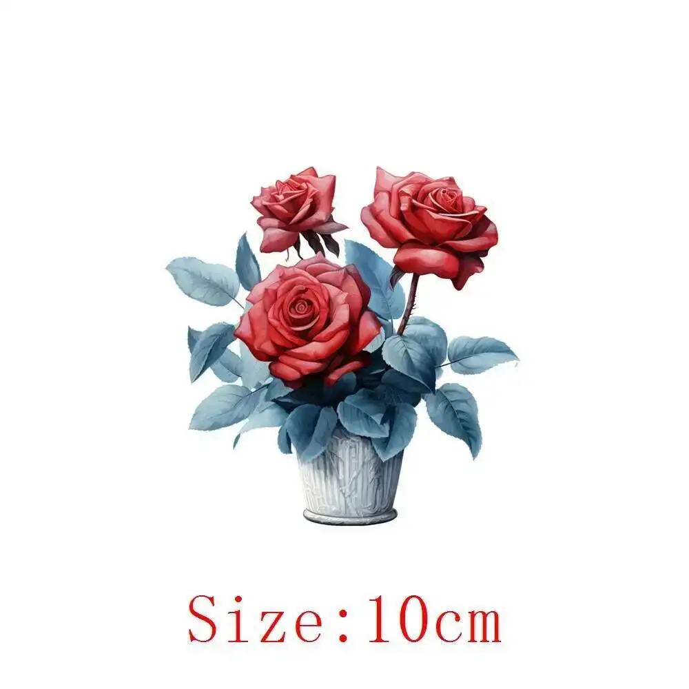 어린이용 장미 꽃 다리미 열 전달 스티커, 다림질 전사 데칼, 의류 DIY 의류 아플리케, 10cm