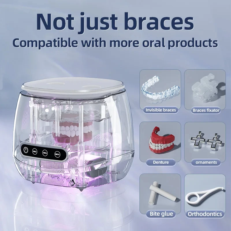 Portable 48KHZ Ultrasonic Denture Cleaner UV Sanitizer Retainer Aligner Cleaning Machine 200ml Travel Braces Pods Jewelry