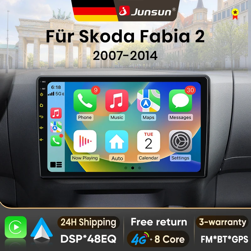 Junsun 10 Zoll Android 15 Autoradio für Skoda Fabia 2 2007-2014, kabelloses Apple CarPlay, Auto-IPS-Bildschirm, Stereo-Multimedia-Videoplayer, intelligente Fahrzeugsysteme, 2-DIN-Autoradio-Haupteinheit, GPS-Navigation, BT, 4G, WLAN, 8-Kern-Prozessor, FM, AM, DSP, RDS, SWC, DAB+