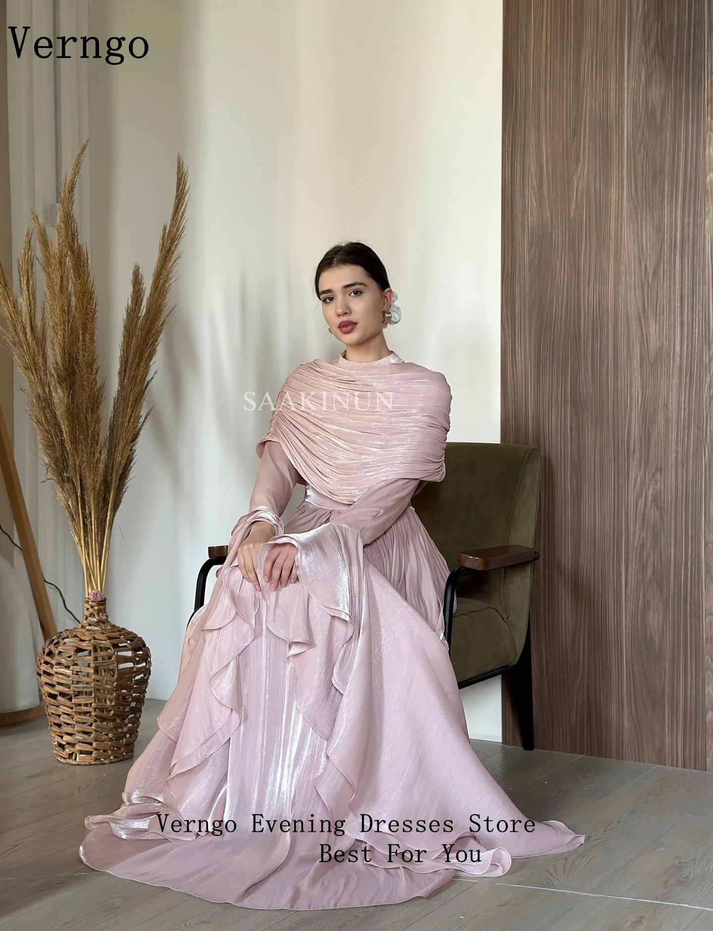 Verngo Shiny Beading Formal Occasion Dresses High Neck A Line Prom Gowns  Modest Arabia Pleated Evening Dress Customized