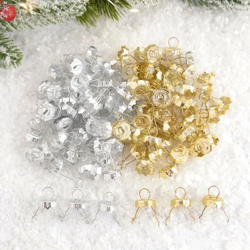 Christmas Decorations 50/100pcs Round Christmas Ornaments Caps Gold Silver Removable Metal Hangers DIY Xmas Balls Hanging Hats for Home