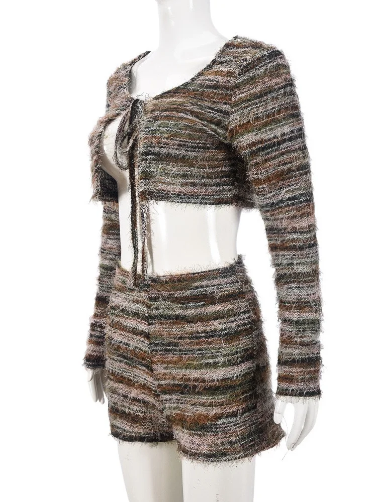 Wmstar Women's Two Piece Outfits Knitted Crop Top with Hollowed Out Straps Fashionable Short and Long Sleeved Matching Suit