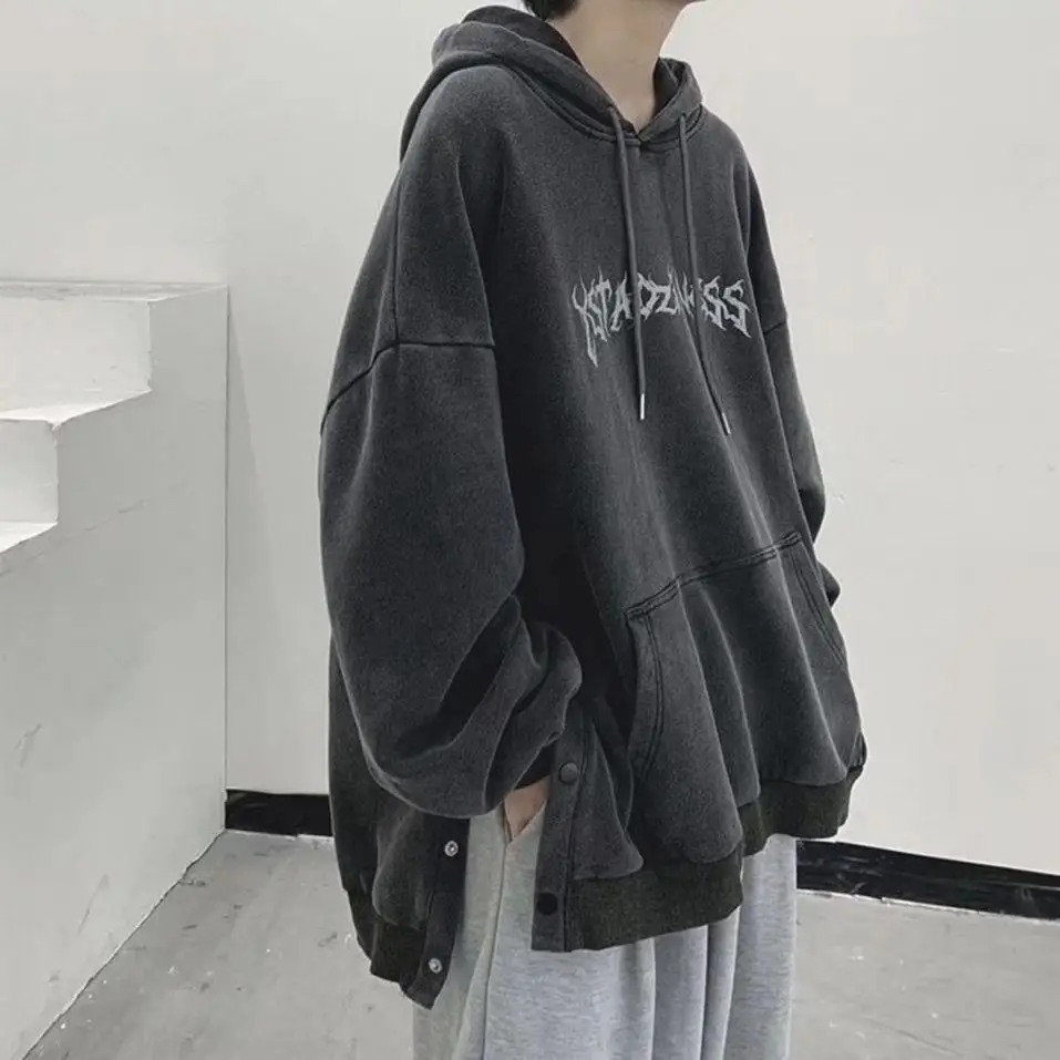 Side Buttom Letter Printed Causal Men Hoodies Fashion Autumn Male Hooded Sweatshirts Korean Streetwear Unisex Pullovers