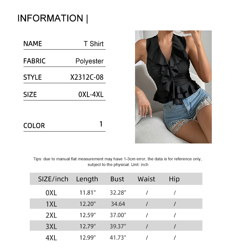 Übergröße Damen V-Ausschnitt Ärmelloses Rüschen-T-Shirt Einfarbig Modisch und Sinnlich Freizeitkleidung, Strandurlaub – Detail 1