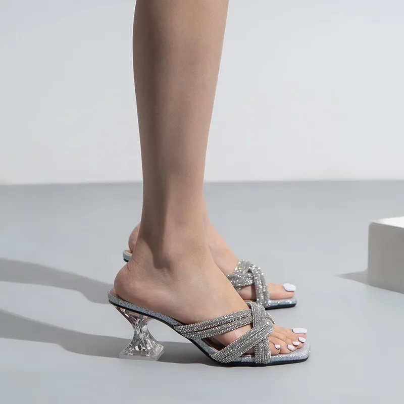 Women Sexy Clear High Heels Slippers  Rhinestone Accessories Sandals New Summer Beach Ladies Slides Flip Flops Female 2022 New